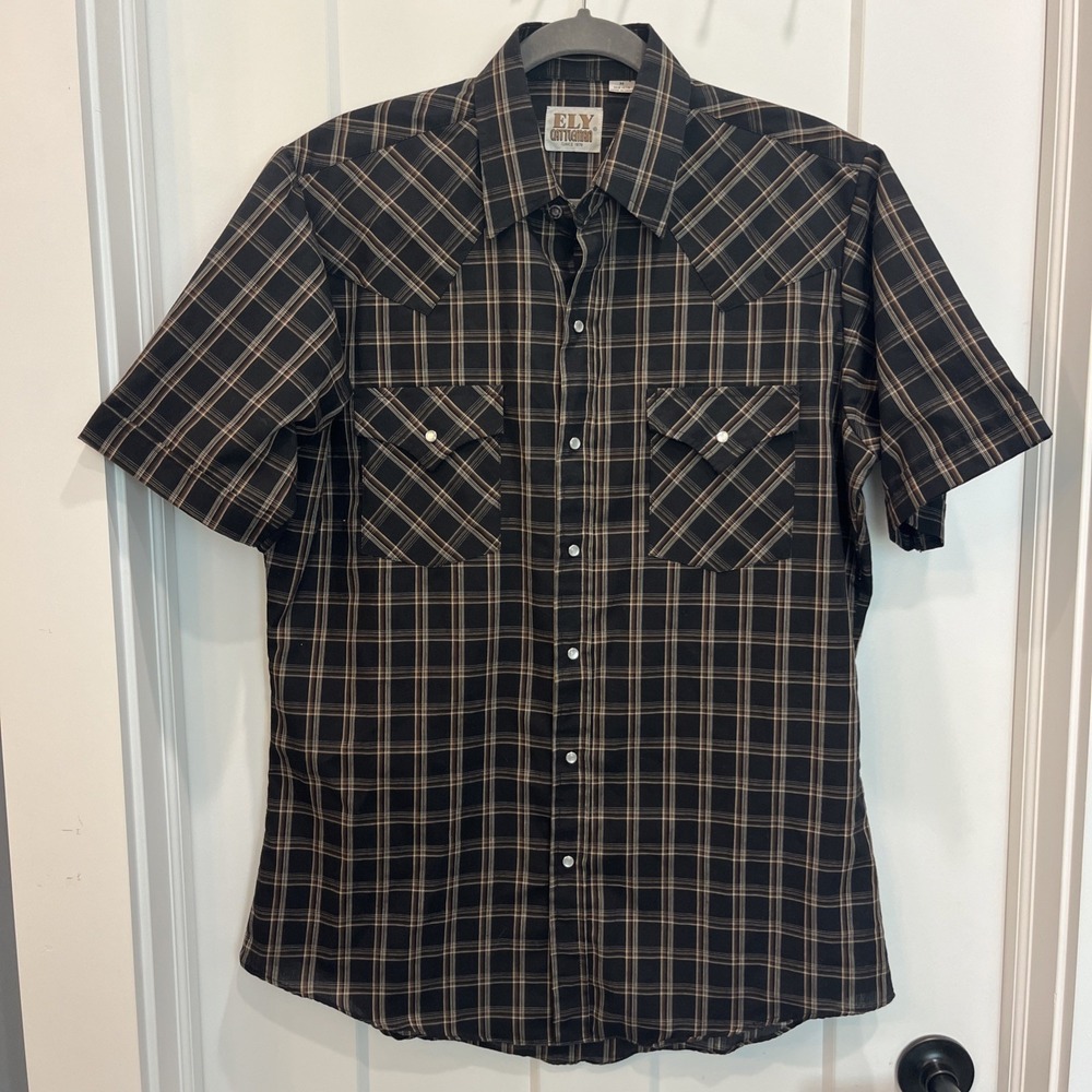 Ely Cattleman Men's Pearl Snap Short Sleeve Plaid Western Shirt Brown Size M
